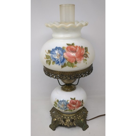 Gone With The Wind Floral Roses Globe Hurricane Table Lamp Milk Glass As-Is VTG - Picture 1 of 12